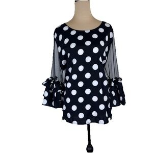Womens Polka Dot Blouse Black White 1X Sheer Mesh Ruffle Sleeve Feminine